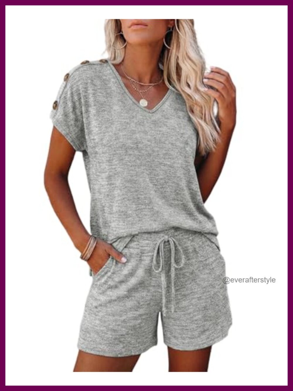 Womens Lounge Set V Neck Short Sleeve Top Drawstring Shorts Pockets Soft Comfy